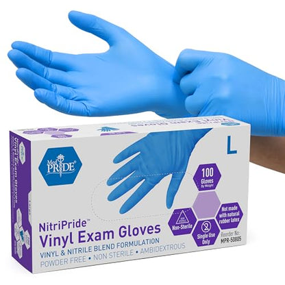 MED PRIDE Nitrile/Vinyl Blend Exam Gloves,Powder-Free,Blue,Large,100-Count - size: Large