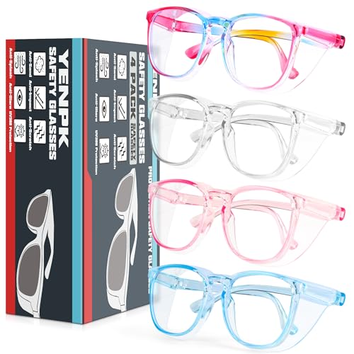 4 Pack Safety Glasses Goggles For Women Anti Fog, Cute Protective Eyewear for Nurses, ANSI Z87+ Anti-Blue Light - color: (Rainbow _Clear _Pink _Blue)