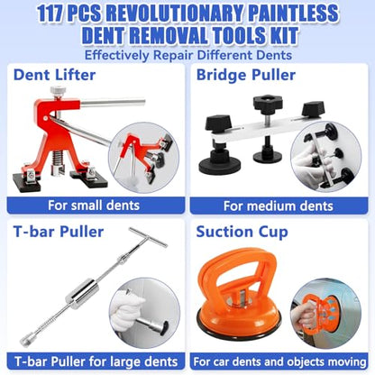 117 PCS Professional Paintless Dent Repair Kit, Car Dent Remover with Golden Lifter, Bridge Puller, Slide Hammer & Suction Cups for Auto Body Dents, Hail Damage, Door Dings, Creases