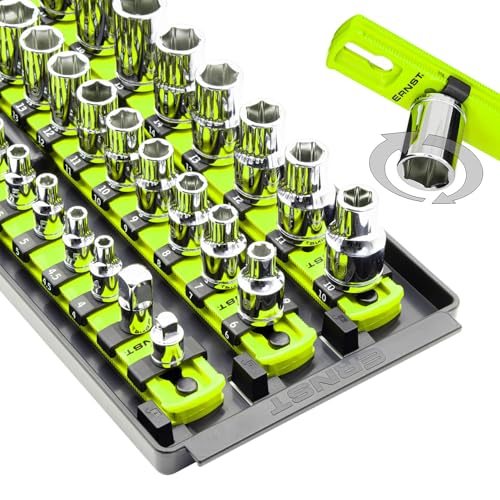 Ernst Manufacturing 8460HV Socket Boss 3-Rail Multi-Drive Socket Rail Organizer with Tray, 18-Inch, High-Visibility - Made in USA