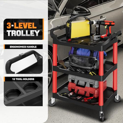 Auto Dynasty 3-Tier Rolling Cart Trolley Storage Detailing Cart with Cup Holders 120kg Capacity on Wheels Fits Home, Garage, Warehouse, Hotel and Workshop Use, Black - style: with Cup Holders