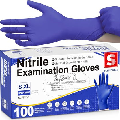Schneider Medical Nitrile Exam Gloves, Powder & Latex Free, Darkblue | Disposable for Medical Exams, Cooking, Food Prep, Cleaning, Home, Household Use - size: Large