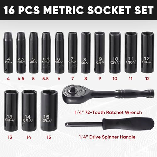Aloanes 1/4" Drive Socket Set, 16-Piece Metric (4mm-15mm) Deep Sockets, 72-Tooth Ratchet Wrench, Drive Spinner Handle, 6 Point Design, Cr-V Steel - size: 1/4" 16 PCS Metric