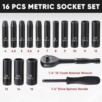 Aloanes 1/4" Drive Socket Set, 16-Piece Metric (4mm-15mm) Deep Sockets, 72-Tooth Ratchet Wrench, Drive Spinner Handle, 6 Point Design, Cr-V Steel - size: 1/4" 16 PCS Metric