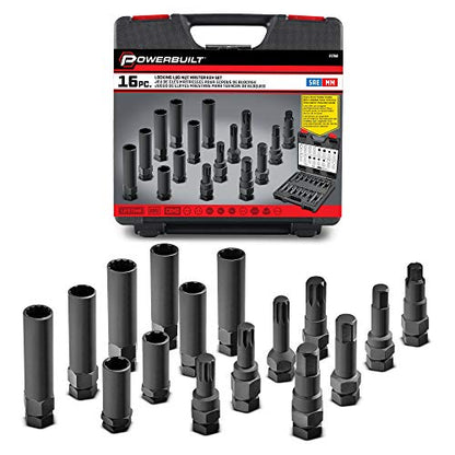 Powerbuilt 16 Piece Locking Lug Nut Master Key Set, Wheel-Lock Removal Tool Kit for for Spline Star and Hex Style Keys, Universal Thin-Walled/Extra-Long Lug Nut Socket Set - 647860 - style: Locking Lug Nut