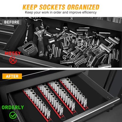 GOOACC Magnetic Socket Organizer 3/8 Inch Socket Holder with 14 360° Swivel Clips Heavy Duty Aluminum Socket Rail Organizer for Tool Box Drawer, Red 1 Piece 3/8" Drive Magnetic Socket Rails Holders - size: Rail Magnetic 1PC 3/8" Red