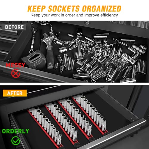 GOOACC Magnetic Socket Organizer 3/8 Inch Socket Holder with 14 360° Swivel Clips Heavy Duty Aluminum Socket Rail Organizer for Tool Box Drawer, Red 1 Piece 3/8" Drive Magnetic Socket Rails Holders - size: Rail Magnetic 1PC 3/8" Red