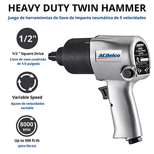 ACDelco ANI405A Heavy Duty Twin Hammer ½” 500 ft-lbs. 5-Speed Pneumatic Impact Wrench Tool Kit