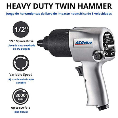 ACDelco ANI405A Heavy Duty Twin Hammer ½” 500 ft-lbs. 5-Speed Pneumatic Impact Wrench Tool Kit