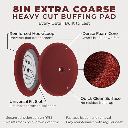 TCP Global 8" Red Foam Buffing Pad Extra Coarse Cutting Polish Hook and Loop Backing - Buffing Pad for Automotive, Marine, Truck, RV & Compound Cutting - color: Red