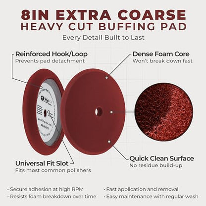 TCP Global 8" Red Foam Buffing Pad Extra Coarse Cutting Polish Hook and Loop Backing - Buffing Pad for Automotive, Marine, Truck, RV & Compound Cutting - color: Red