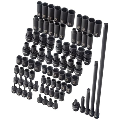 SUNEX Tools 80 Piece 3/8 in. Drive Master Impact Socket Set, Universal, Star, External Star, Extensions, Universal Joint, SAE and Metric, 8mm to 19mm and 5/16 in. to 3/4 in., CR-MO Steel, Model 3580 - size: 80-piece