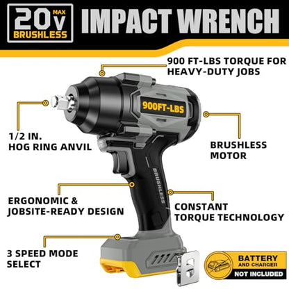900Ft-lbs(1200N.m) Cordless Impact Wrench 1/2” Brushless, Compatible with DeWAL 20V MAX Batteries, 3-Speed High Torque, Constant Torque Technology, Tool Only-Battery and Charger Not Included