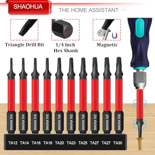 Triangle Screwdriver Bits w/1/4" Quick Change Bit Driver, 10PCS Upgraded S2 Steel Impact Triangle Drill Bit Set Size TA12/14/16/18/20/23/25/27(x2)/30, 2.55'' Triangle Bit Set, Triangle Screwdriver Set - style: E. Triangle Screwdriver Bits