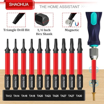 Triangle Screwdriver Bits w/1/4" Quick Change Bit Driver, 10PCS Upgraded S2 Steel Impact Triangle Drill Bit Set Size TA12/14/16/18/20/23/25/27(x2)/30, 2.55'' Triangle Bit Set, Triangle Screwdriver Set - style: E. Triangle Screwdriver Bits
