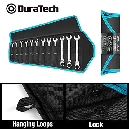 DURATECH Flex-Head Ratcheting Wrench Set, Combination Wrench Set, 72 Tooth, Metric, 12-piece, Size Covers 8-19mm, CR-V Steel, with Rolling Pouch | 72 Tooth, CR-V Steel, Combination Wrench Set, Rolling Pouch - style: 12-Piece Set