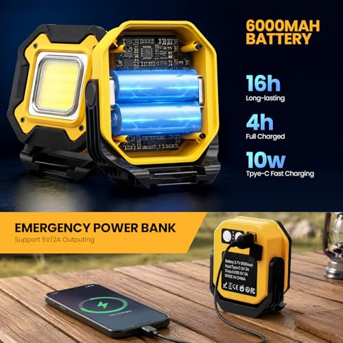 2-Pack 6000mAh Rechargeable LED Work Light, 16Hrs Long-Lasting 1200LM Waterproof Magnetic Job Site Lighting, 180° Rotating 4 Modes 6500K Work Lamp for Car Repair Mechanic Camping Fishing Emergency - color: Yellow
