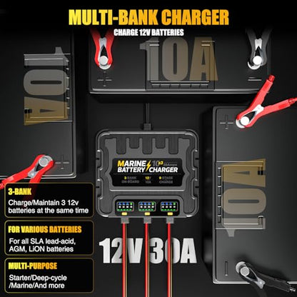 3 Bank Marine Battery Charger 30A (10A/Bank) 10X3, 12V,Waterproof,lifepo4 Boat Battery Charger Maintainer and Desulfator for AGM, Lithium,Deep-Cycle Batteries Boat Accessories - size: 3 Bank(30A)