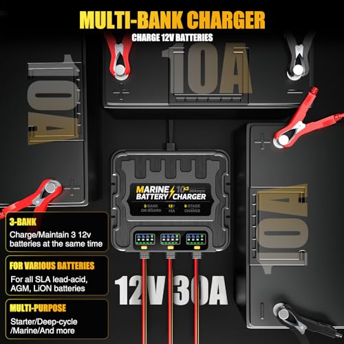 3 Bank Marine Battery Charger 30A (10A/Bank) 10X3, 12V,Waterproof,lifepo4 Boat Battery Charger Maintainer and Desulfator for AGM, Lithium,Deep-Cycle Batteries Boat Accessories - size: 3 Bank(30A)