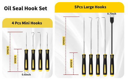 9PCS Hook and Pick Tool Set with Scraper- Automotive Pick Set | Automotive Pick Set with Metal Pick Tools & Ergonomic Grip, Mechanic Tool Set for Car Repair, O-Rings, Gaskets, Tight Spaces - color: yellow