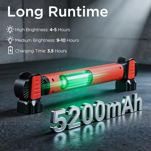 Work Light, 2500LM 5200mAh Mechanic Under Hood Light Bar, Red, 1 Pc | 2-Level Brightness, 4-10H Runtime, Magnetic Bases & Hooks, 360° Rotating, Tool Gift, for Car Repair, Camping, Emergency
