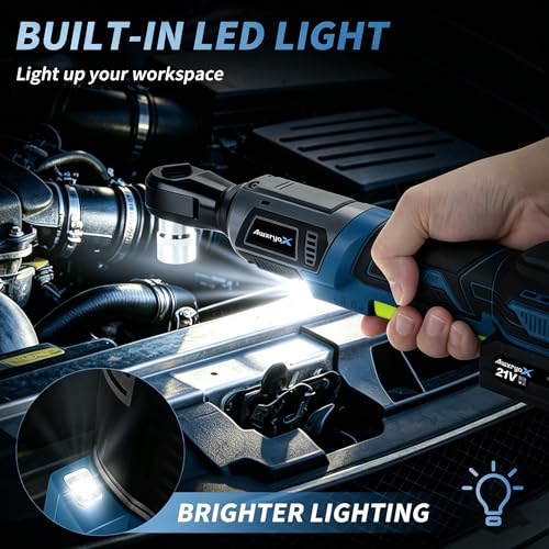 AwxryoX 3/8" Cordless Ratchet Wrench, 120N.m (89 FT-LBS) 21V Brushless Power Ratchet Driver, Electric Ratchet Tool, 2×2.0Ah Batteries, 300RPM Variable Speed, 8 Sockets, 1/4" Adapter & 3" Extension Bar