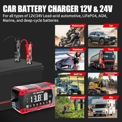 12A Smart Car Battery Charger, 12V/24V Automatic Battery Maintainer & Desulfator - Compatible with LiFePO4 Lithium, AGM, Gel, SLA, Lead-Acid for Truck, Motorcycle, Lawn Mower, Boat