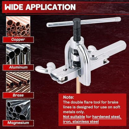 Brake Line Double & Single Flaring Tool Kit with Tubing Cutter | 45° Flare Tool Set with 5 Adapters for Copper, Aluminum & Brass Tubing, Brake Line Flaring Tool Kit