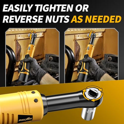 FULLYEA Cordless Electric Ratchet Wrench Set, 3/8" 18V Power Ratchet, 550 RPM, Cordless Ratchet Tool Kit with Variable Speed, LED Light, 2 * 2.0Ah Batteries and Fast Charger, Yellow