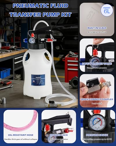 6L Transmission Fluid Pump, Pneumatic Fluid Transfer Pump w/ 15 ATF Adapters & 3 Suction Hoses, 2-Way Fluid Extractor/Dispenser for Transmission, Differential, Transfer Case & Gearbox Filling
