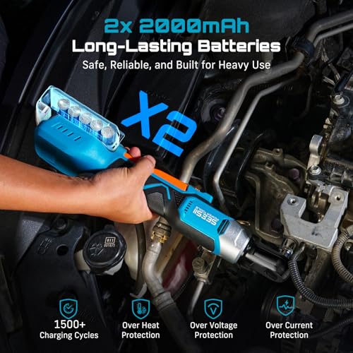 Seesii 3/8" Cordless Ratchet Wrench Set, 60 ft-lbs (80Nm) High Torque Electric Ratchet, 21V Max & 2×2.0Ah Batteries, 300 RPM, Fast Charger, LED Work Light,10–17mm Socket Set, Extension Bar & Case - size: 2 in