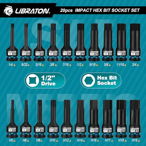 LIBRATON Impact Hex Bit Socket Set, 1/2" Dr, S2 Steel, Metric & SAE 20PCS (H5-H19 & 1/4"-3/4") High Torque Sockets for Professional Mechanics & Automotive Repair (XPE Storage Cases) - style: Metric & SAE