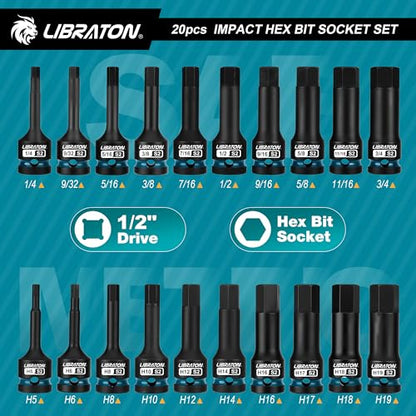 LIBRATON Impact Hex Bit Socket Set, 1/2" Dr, S2 Steel, Metric & SAE 20PCS (H5-H19 & 1/4"-3/4") High Torque Sockets for Professional Mechanics & Automotive Repair (XPE Storage Cases) - style: Metric & SAE