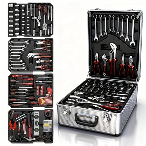 899 Piece Aluminum Tool Set with Case, Professional Tool Kit for Home Repair, Car Maintenance, Construction & DIY Projects, Complete Socket, Wrench, Screwdriver & Accessory Set (Silver) - color: Silver
