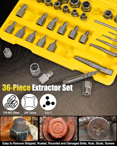 Topec 36Pcs Screw & Bolt Extractor Kit, 3-in-1 Easy Out Screw Extractor Set, 3/8" Drive Broken Bolt Extractor Socket Set, for Damaged, Rounded, Stripped Screw Removal - size: 36 PCS