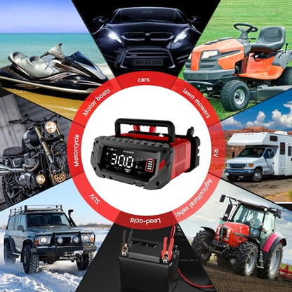 30 Amp 6V/12V/24V Smart Trickle Charger, Car Battery Charger, Lithium, Lifepo4, Lead Acid (AGM/Gel/SLA) Battery Maintainer, Desulfurizer, For: Car, Boat, Motorcycle, Lawn Mowers