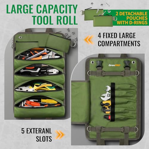 GrenPRO Roll Up Tool Bag With Detachable Pouches, Heavy Duty Organizer With 6 Pockets for Mechanics, Electricians, DIY, Gifts for Dad, Men Birthday Gift, Green - color: Green