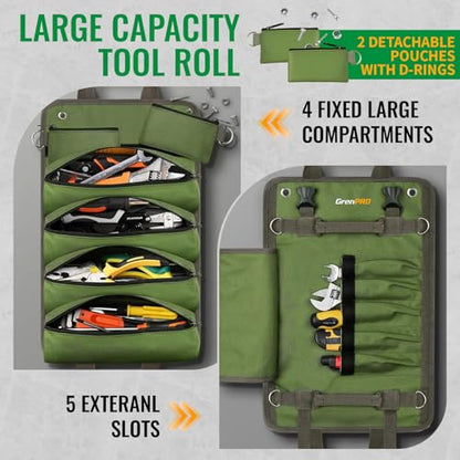 GrenPRO Roll Up Tool Bag With Detachable Pouches, Heavy Duty Organizer With 6 Pockets for Mechanics, Electricians, DIY, Gifts for Dad, Men Birthday Gift, Green - color: Green