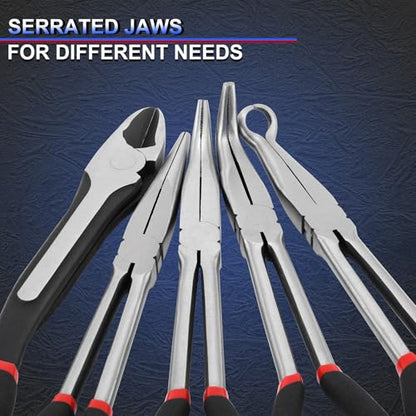 Mayouko 5PCS Extra Long Needle Nose Pliers Set, 11" Long Reach Straight, 45&90 Degree Bent Nose, Circle Nose and Diagonal Pliers for Narrow Spaces and Limited Areas