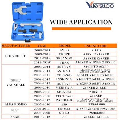 9PCS Engine Camshaft Alignment Locking Timing Tool with Water Pump Wrench | Compatible with Chevrolet Cruze Aveo Orlando Vauxhall Opel Astra Mervia Vectra Zafira Alfa Romeo Fiat 16V 1.4 1.6 1.8