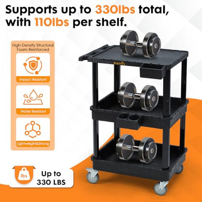 ELAFROS 3-Tier Flat Top & Deep Tub Rolling Utility Cart, 27.5 x 18.25 in | 330 lbs Capacity, Heavy Duty Plastic, 4-Inch Wheels, Service Cart, Work Cart, Storage Organizer, Office Workshop Warehouse