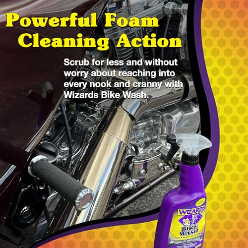 Wizards Motorcycle Bike Wash - Engines, Paint, Chrome & Plastics - 22 oz | pH-Controlled, No Caustic Soda, Acids, or Bleach, Rinses Spot-Free on Rubber and Windshield, for Dirtbike and Street Riders - size: 22 Fl Oz (Pack of 1)