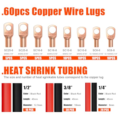 Battery Cable Crimper Tool For AWG 10-1/0 Gauge Electrical Lug, Battery Terminal Connectors with 60PCS Copper Wire Lugs, Wire Crimping Tool For Heavy Duty Copper Wire Lugs