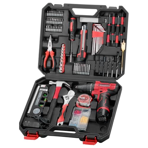 Cordless Drill Tool Set: 12V Power Drill Tool Kit with Battery & Charger, 25+1 Torque Setting, Portable Household Basic Drills Case for Men & Women, 2-Speed Electric Drill Set, 142 Piece, Red - color: Red