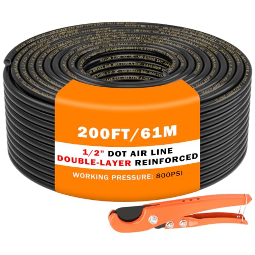 CheeMuii 200 FT 1/2" Double Layer DOT Air Line with Heavy Duty Tube Cutter Kit PA12 Nylon 1/2 Pneumatic Tubing SAE J844 DOT Air Hose 61 Meter 1/2 Inch OD Air Tubing Pipe Hose Line - size: 1/2"OD-200FT-Double Layer