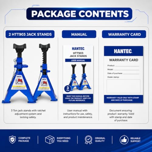 Hantec Jack Stands 3 Ton (6,600 lbs) Pro – Double Safety System, Non-Slip Rubber Pad, Heavy-Duty Steel, 1 Pair for Cars, SUVs and Trucks - Blue
