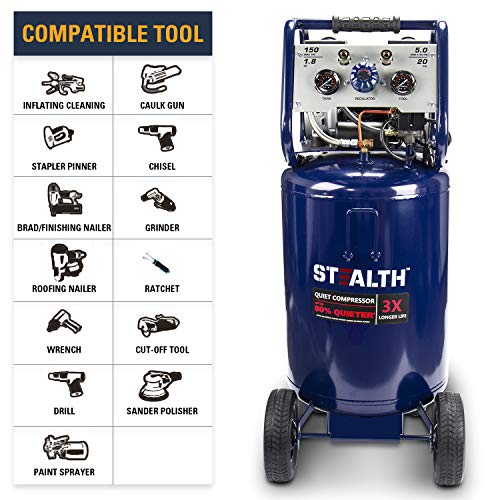 STEALTH 20 Gallon Air Compressor, Ultra Quiet, Oil-Free and Long Life Cycle,1.8 Hp Large Air Compressor with Rubber Wheels (Blue, SAQ-12018) - style: Electronic