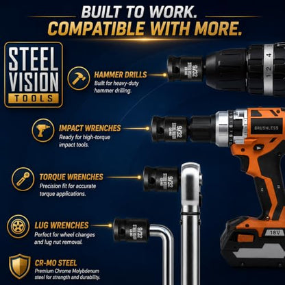 Steel Vision Tools 11-Piece 3/8-inch Drive Pipe Plug Socket Set, SAE, Tapered Male Square Drive, Chamfered Female Square Drive, for Drain Fill Plugs, Transmissions, Oil Pans, Differentials, Cr-V Steel