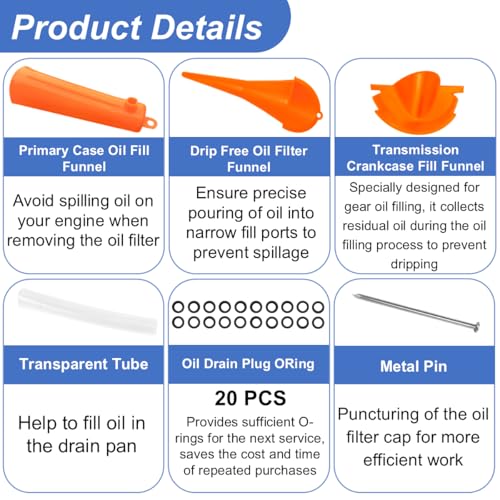 Oil Change Tool Kit for Harley Davidson Accessories,Oil Filter Wrench,Crankcase Fill Tool,Primary Case Funnel,Drip-Free Oil Filter Funnel,20PCS O-Rings