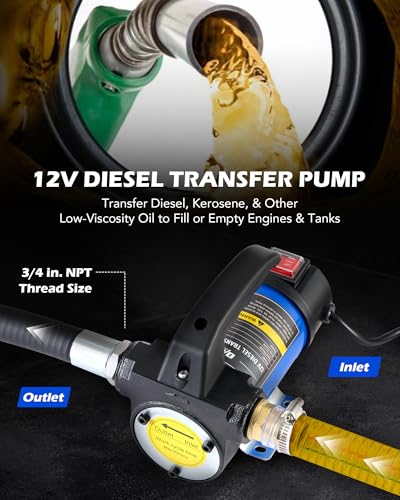 Orion Motor Tech Diesel Transfer Pump, 12 Volt Fuel Transfer Pump with Nozzle Hoses for Transferring Diesel, Kerosene, Self Priming DC Electric Fuel Pump Kit, Oil Not Included - color: 12GPM Diesel Pump Kit